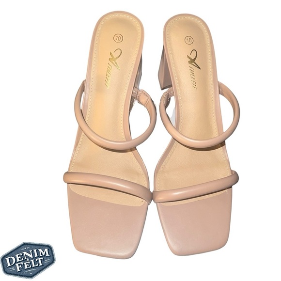 Athlefit Women’s Tan Square Open Toe Two Strap Chunky Heeled Slip On Sandal |NEW - Picture 6 of 13